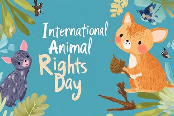 A bold and vibrant International Animal Rights Day poster featuring a fist and paw collision on an orange background