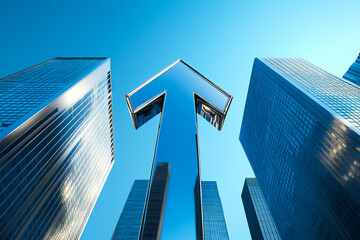 Naklejka premium Reflective arrow pointing upwards amidst towering skyscrapers in a vibrant urban skyline under a clear blue sky