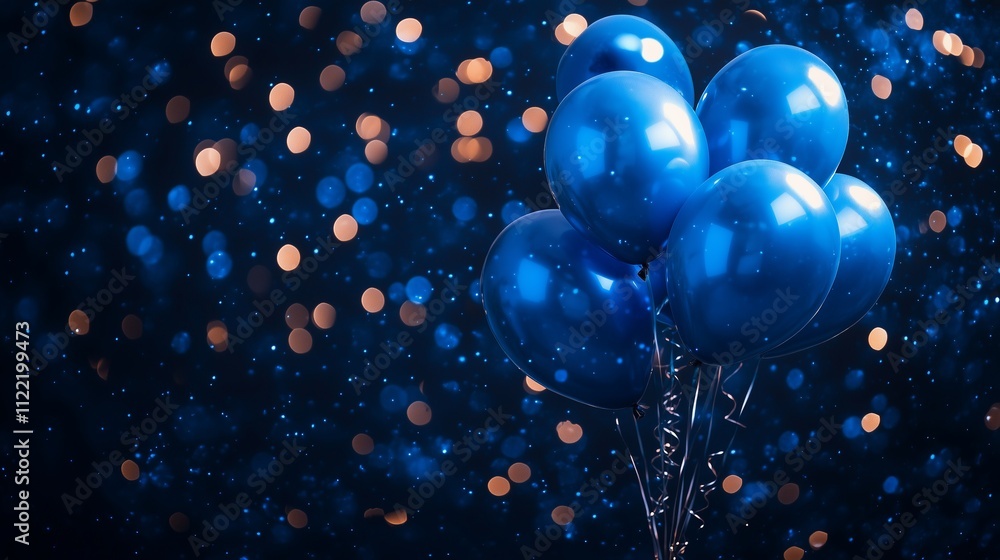Poster blue balloons float in a dark, sparkling background creating a festive atmosphere