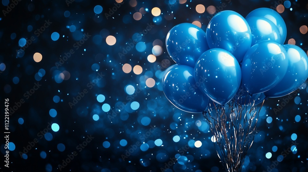 Poster blue balloons float in a dark, sparkling background creating a festive atmosphere