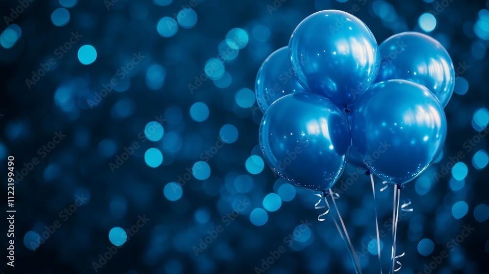 Poster blue balloons float in a dark, sparkling background creating a festive atmosphere