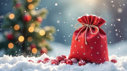 Red bag with gifts against the backdrop of a Christmas tree on a winter holiday background.