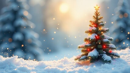 Festive New Year tree with a star. New Year's winter forest
