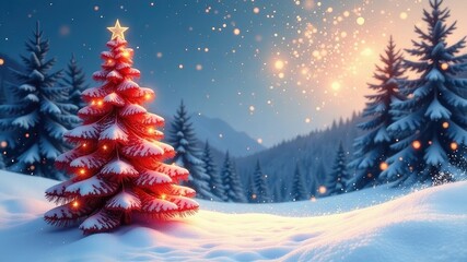 red Festive New Year tree with a star. New Year's winter forest
