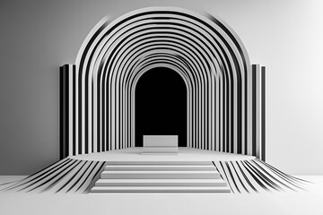 Fototapeta premium A minimalist geometric throne is displayed in a stark black and white environment, enhancing its modern aesthetic