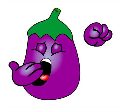 emoji em forma de  beringela na cor violeta  e verde olhos castanho em gesto de muito sono