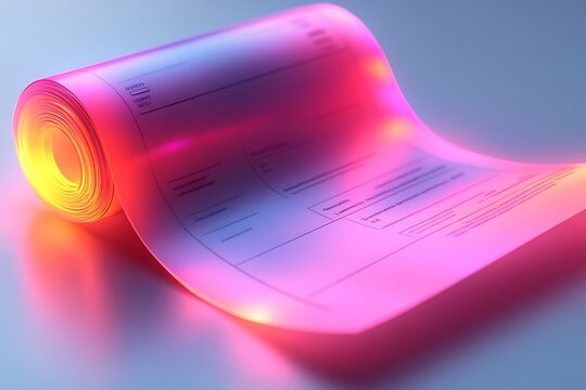 A futuristic rollable display showcasing a digital document with a vibrant, glowing pink and orange illumination.