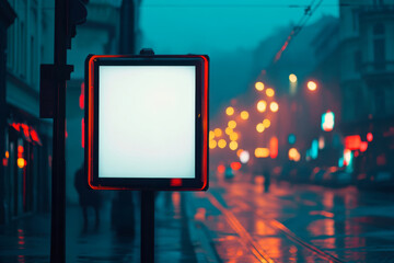 Advertisement board with a blank glowing screen on a rainy city street illuminated by colorful lights at night