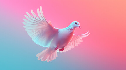 Fototapeta premium Graceful Dove in Flight Against a Vibrant Gradient Pink and Blue Background