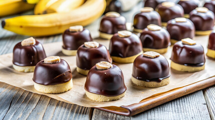 Chocolate-covered banana slices with toppings