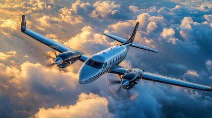 Twin-engine propeller plane flying above clouds at sunset.