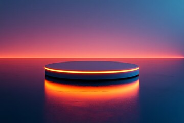 A futuristic neon-lit circular podium stands against a vibrant sunset backdrop, perfect for product displays.