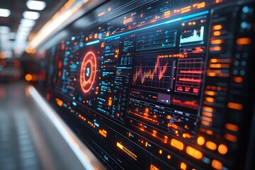 Obraz premium Futuristic digital dashboard displaying real-time data and analytics