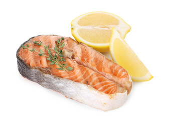 Tasty grilled salmon steak with lemon and thyme isolated on white