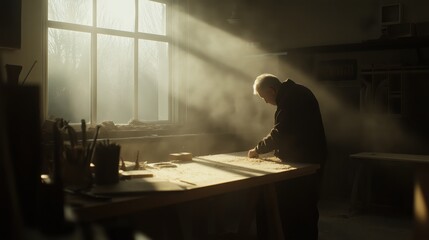 Carpenter crafting in sunlit workshop - woodworking, artisanship, and creativity