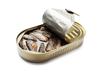 Tasty sprats in tin can isolated on white