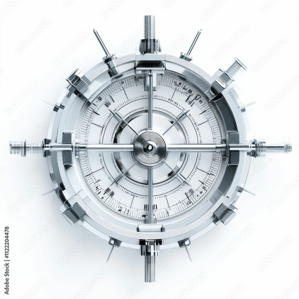 Poster circular metallic device with gauges and intricate design.
