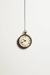 Antique pocket watch hangs, white background.