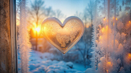 Fototapeta premium Frosted heart shape on snowy window with glowing light