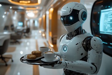 Fototapeta premium A humanoid robot serves coffee and cookies in a modern, futuristic office environment.