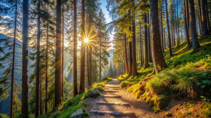 Obraz premium Sunlit forest path surrounded by tall trees