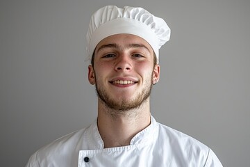 A young male chef, wearing a white uniform and smiling amiably, stands against a plain backdrop, showcasing themes of culinary arts and professionalism.