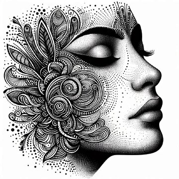 A butiful woman's face is made up of lines and dots. AI generated.

