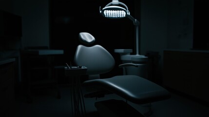 Dramatic cinematic shot of illuminated dental chair for healthcare design