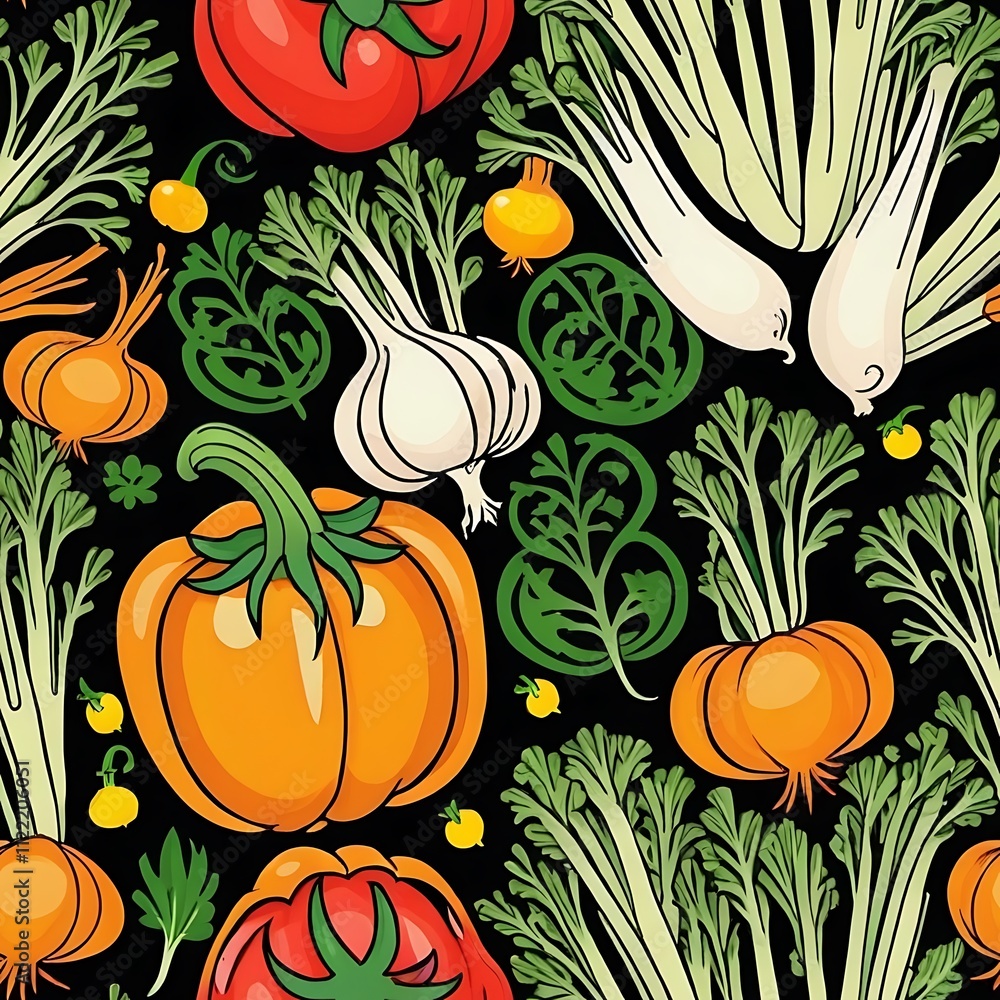 Poster Vibrant Vegetable Harvest Pattern: A seamless design showcasing a delightful array of hand-drawn vegetables against a rich black background. Perfect for adding a touch of rustic charm to any project.