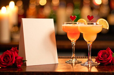 Romantic Bar Setting with Heart-themed Cocktails and menu mockup