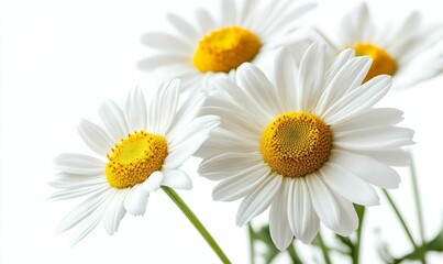 Naklejka premium White flowers, yellow centers, close-up, bright background.
