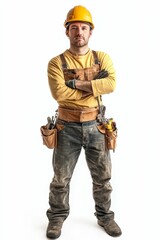 Construction worker, tools, confident pose, dirty clothes.