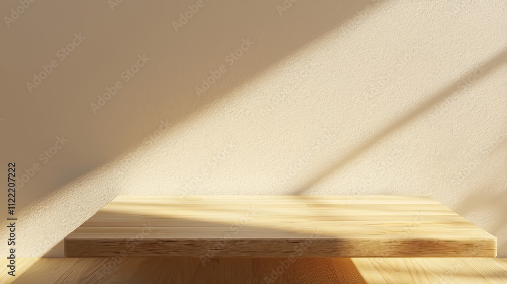 Aufkleber a wooden table top set against a beige wall with sunlight streaming through the window, creating an 