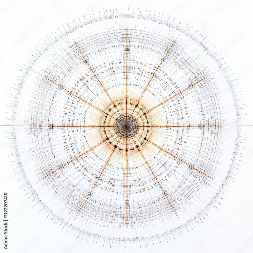 Poster circular grid pattern, radiating lines, intricate design.