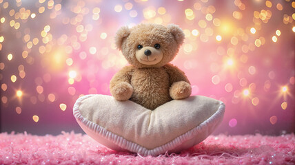 Fototapeta premium Teddy bear on a heart-shaped pillow with lights