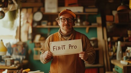 Handyman holding "fix-it pro" sign in workshop - fun and professional portrait for print and digital use