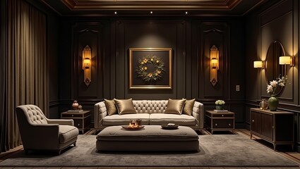 Fototapeta premium Elegant interior design, luxurious living room with dark walls and furniture, symmetrical composition. Generative, AI,