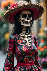 Obraz premium Resplendent catrina figure wearing vibrant floral dress and elaborate ceremonial hat, El Día de Muertos