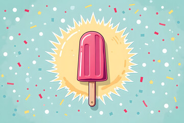 Retro-styled pink popsicle illustration with dynamic sunburst pattern and festive confetti elements. Ice Cream Day card
