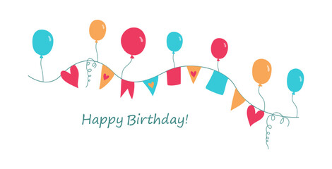 Colorful bright festive banner. Hearts, balloons. Inscription, text Happy Birthday. Funny cartoon icons, flags. Birthday card design, Valentine's Day, party invitation.