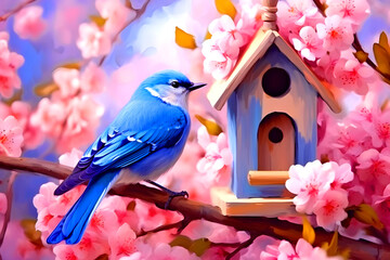 A bluebird titmouse perched atop a cherry blossom.