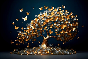 Illustration, 3D art render, dark background, golden butterflies, and an embossed golden tree with flowers.