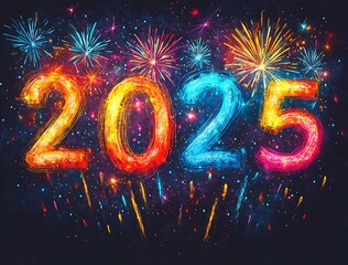 Colorful Numbers and Fireworks in the Sky for a Spectacular Happy New Year 2025
