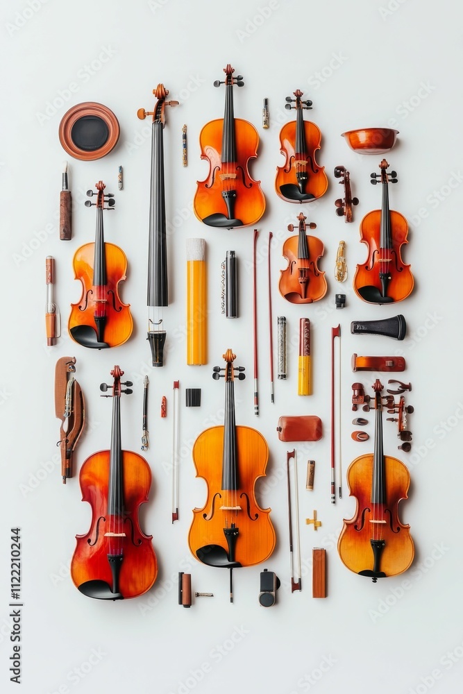Poster string instruments, tools, and accessories arranged neatly.