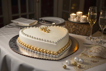 Fototapeta premium White heart-shaped cake with gold decor