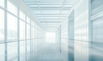 Bright hallway, glass ceiling, reflective floor, modern architecture.