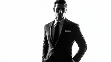 Obraz premium Silhouette of man, dark suit, serious expression.