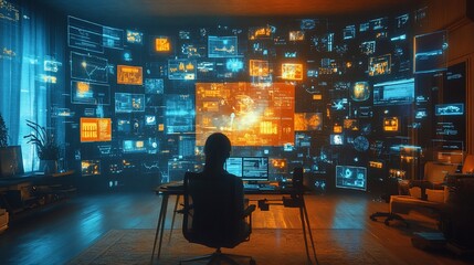 Person sits at desk facing wall of holographic data visualizations.