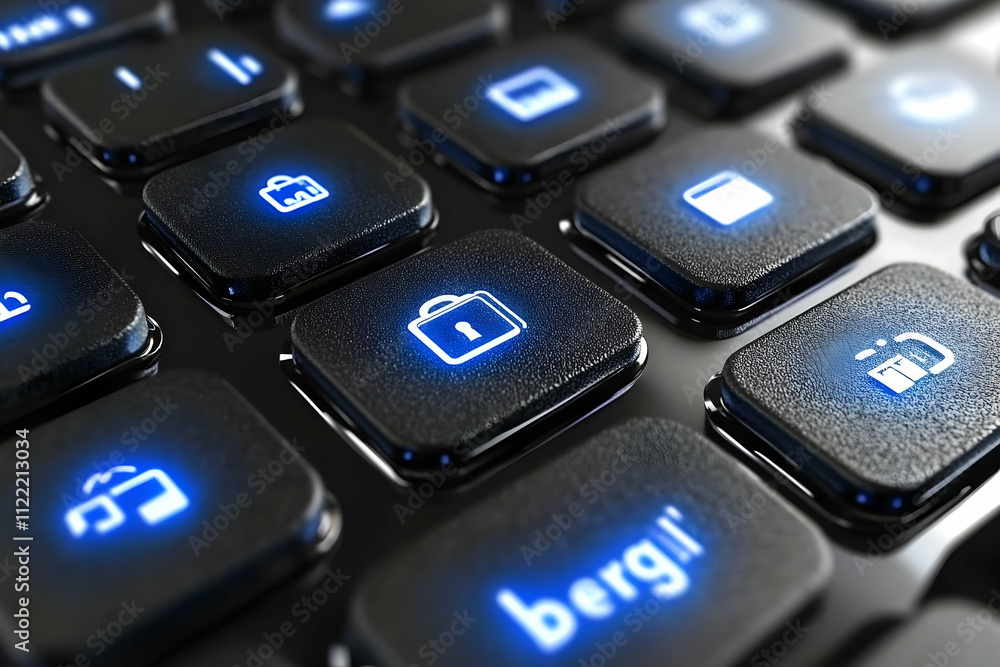 Poster close-up of a black keyboard with glowing blue keys, focusing on a key with a briefcase and lock ico