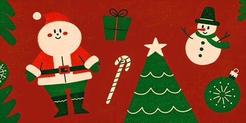 Festive illustration featuring Santa Claus, a snowman, a Christmas tree, and holiday gifts on a vibrant background